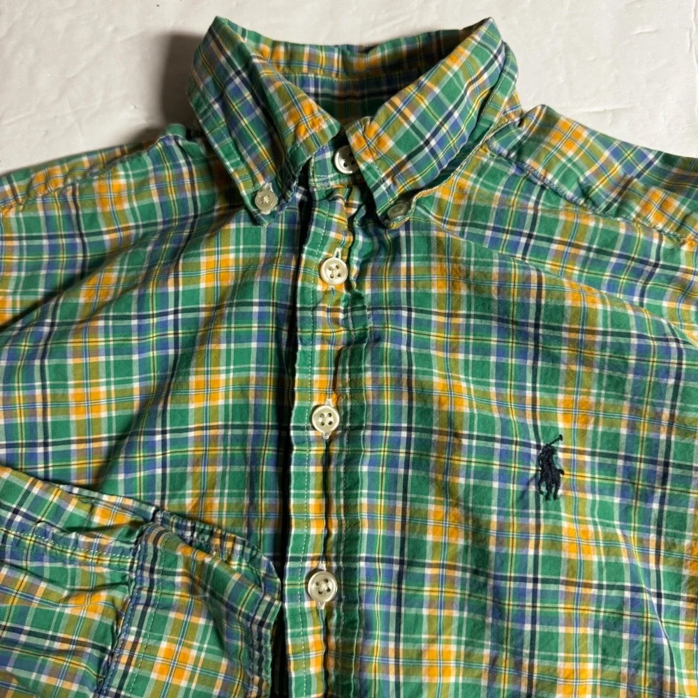 Ralph Lauren Boys Green Yellow Plaid‎ Button Down Shirt Size S 8 10 Long Sleeve